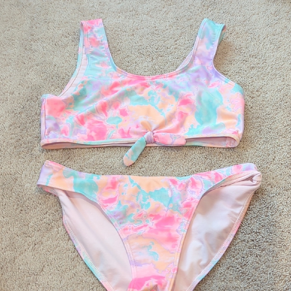 Pink and Blue Bikini Set with Sporty Crop Top